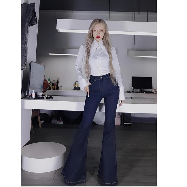 【 深蓝不易掉色大喇叭】AOAOMISSSHOP鳌鳌家牛仔高腰裤60-2