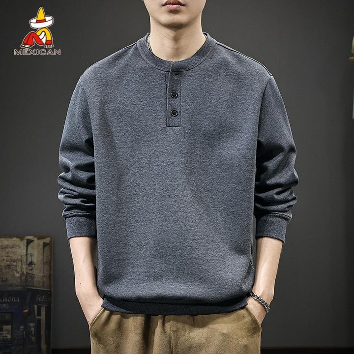 Mexican/稻草人美式复古重磅卫衣男秋季亨利领纯色宽松休闲上衣潮