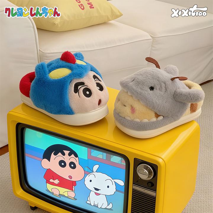 细细条 鲨bee棉拖鞋男女居家防滑情侣冬季可爱蜡笔小新毛毛月子鞋