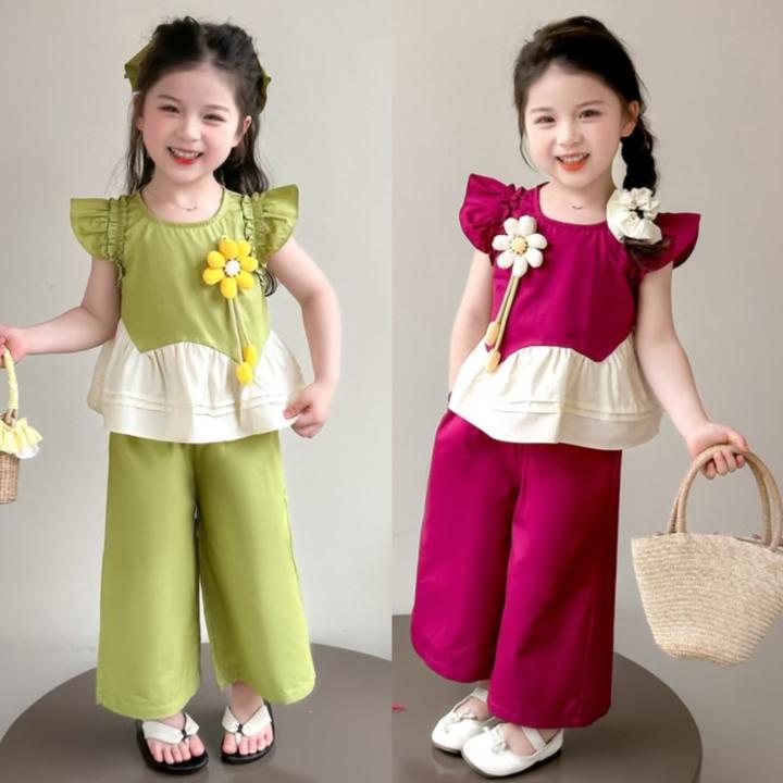 女童洋气套装2025夏季新款韩版网红无袖娃娃衫加阔腿裤两件套