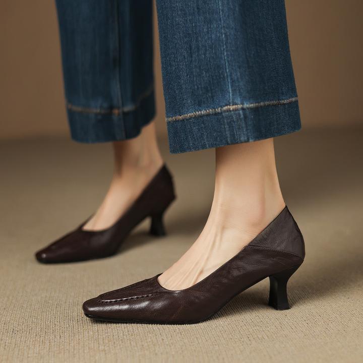 方头中粗跟浅口单鞋女2025秋季新款舒适软底小皮鞋通勤百搭单鞋女