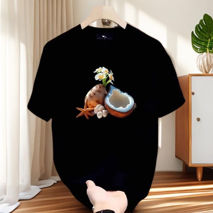 仓石一树潮牌椰子印花短袖T恤男2025夏季设计感黑色半袖休闲上衣