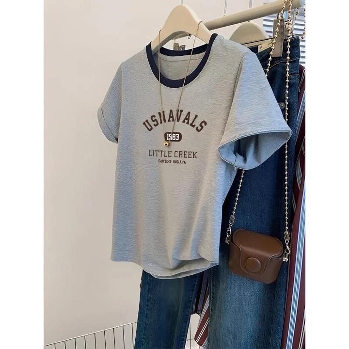 小众设计感正肩撞色圆领短袖t恤女2025新款时尚洋气显瘦上衣夏季