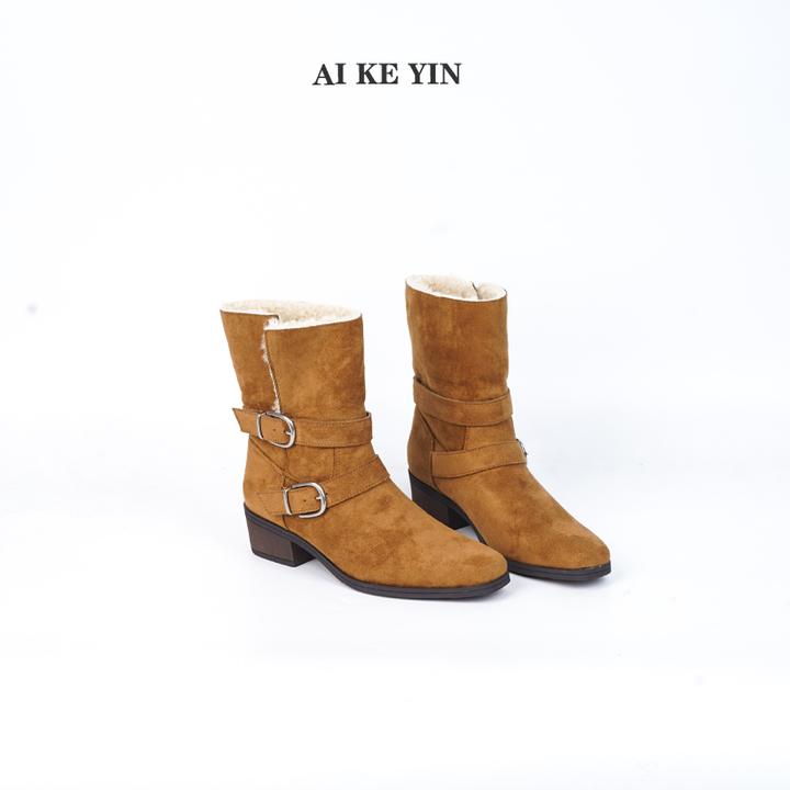 【艾珂茵】秋冬新款无拉链金属皮带扣厚绒粗跟时装短靴气质百搭