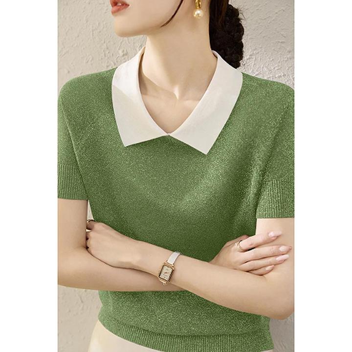 2025韩式夏季新款套头polo领针织衫女宽松显瘦设计感短袖T恤