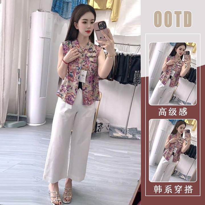 欧洲站轻熟风网红爆款夏季新款减龄洋气复古国风印花无袖马甲裤子