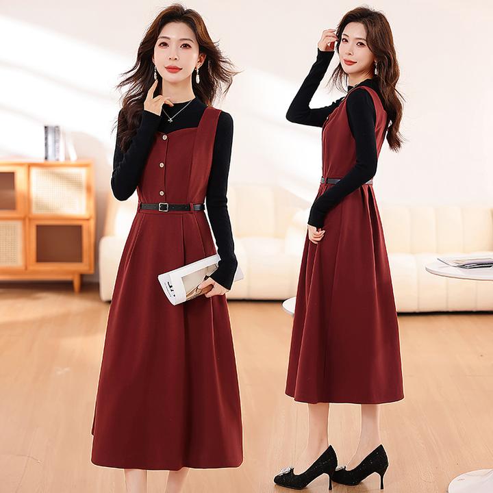 现货女高级气质显瘦2024年春季新款时尚长袖两件套连衣裙