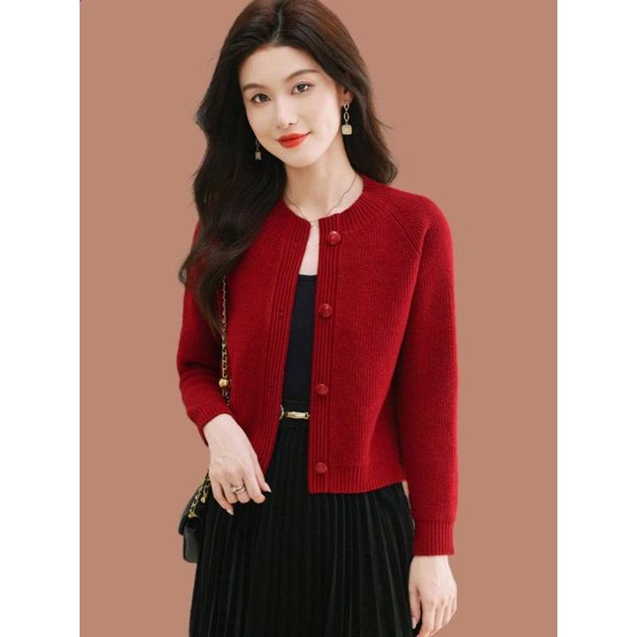 新款短款毛衣外套女小开衫春秋高腰小款圆领上衣外搭针织衫配裙子