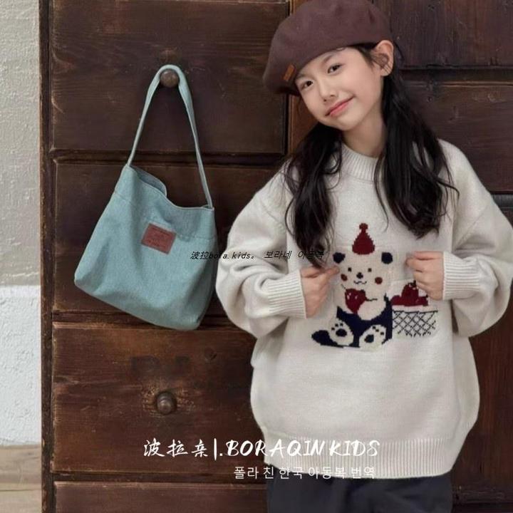 波拉亲亲子BORAQIN韩版童装2025秋冬季儿童加厚纯色卡通小熊毛衣