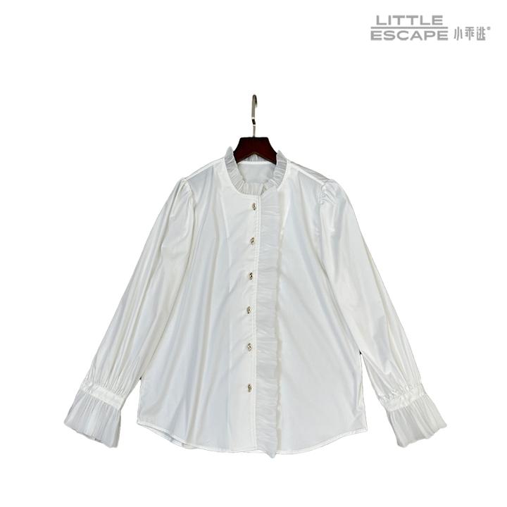 小乖逃2024新款设计师白色衬衫中间荷叶边宽松长袖百搭240124
