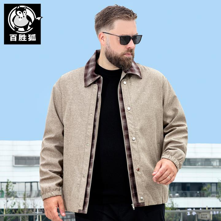 百胜狐假两件翻领夹克秋胖子宽松美式复古格子加肥加大码男装外套