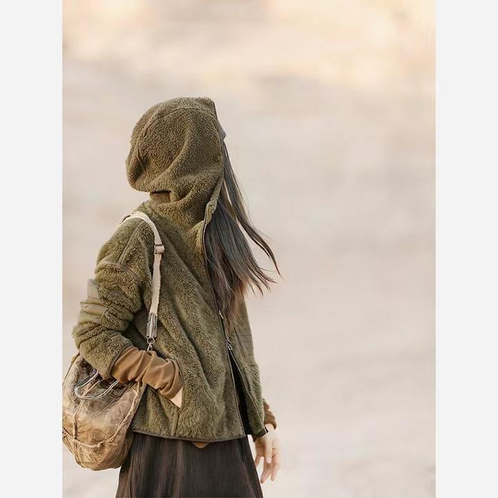 麻享|巴塔*秋冬设计款保暖拼接复古做旧慵懒感连帽摇粒绒FSY51143