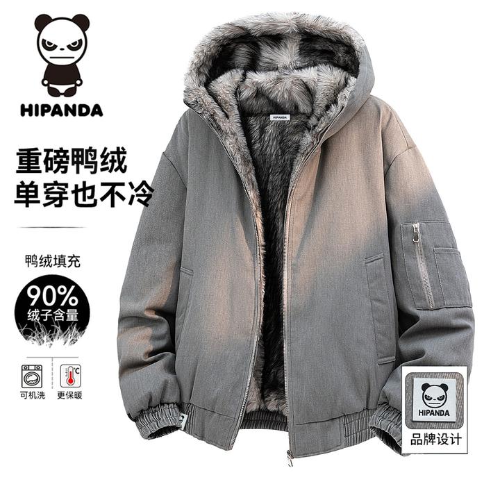 HIPANDA 冬季新款90鸭绒连帽羽绒服男士潮流加绒加厚保暖宽松外套