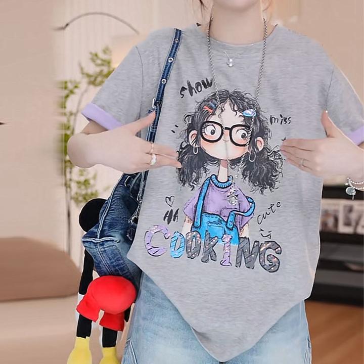 眼睛乖妹2025夏季新款卡通女孩短袖T恤女时尚休闲风宽松半袖上衣