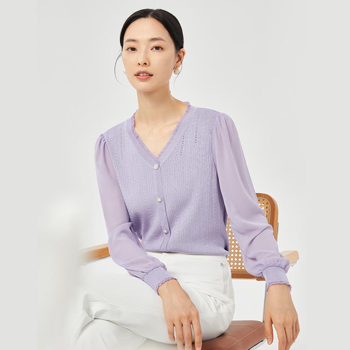 娜尔思时尚气质优雅显瘦冰丝长袖V领上衣女春季新款NZ03978R1