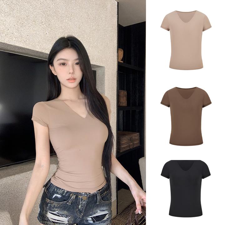 Moses Queen/魔西女王美式复古运动风V领速干正肩短袖修身上衣