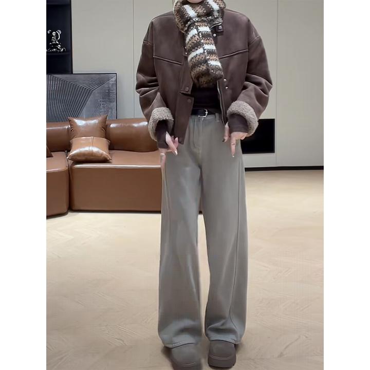 韩版直筒高腰加绒牛仔裤女2025秋冬新款爆款水洗复古拖地休闲裤子