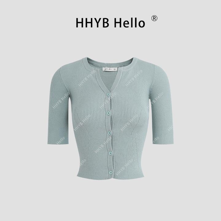 HHYB Hello单排扣V领半袖针织开衫女2025春季新款独特上衣M1061