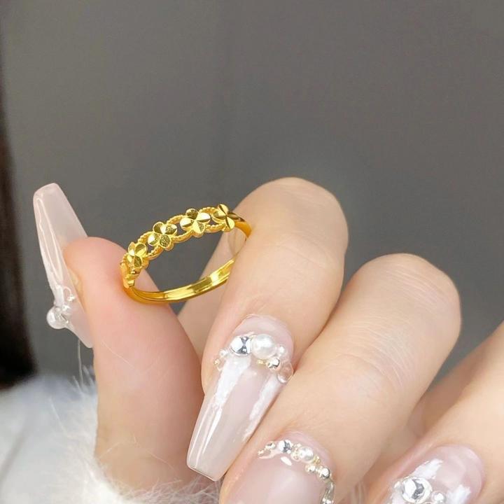 铜合金戒指 轻奢时尚四叶草戒指女款可调节金色食指戒指简约指环