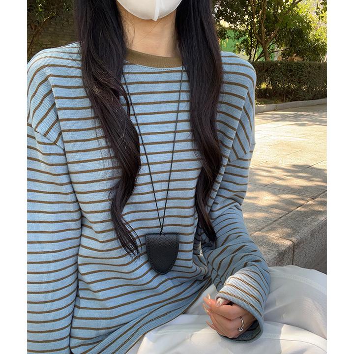 K2398撞色条纹长袖T恤女秋季韩系慵懒宽松显瘦修身上衣针织圆领打