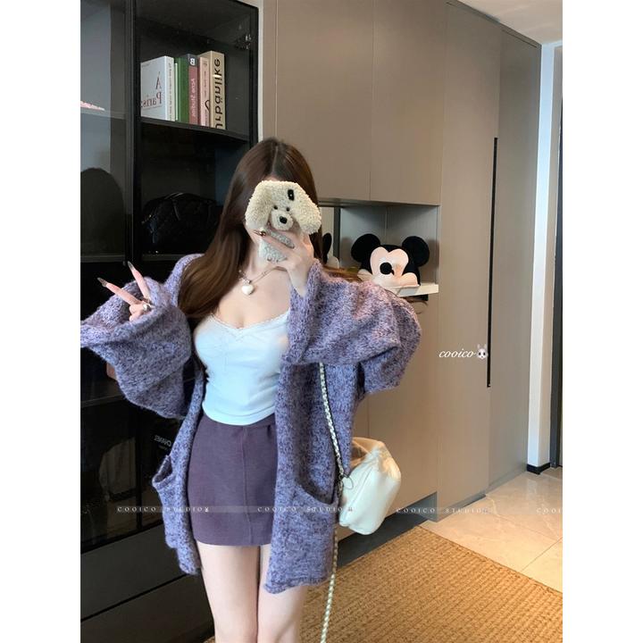 慵懒风宽松长袖毛衣外套女秋季复古软糯休闲针织开衫温柔百上衣