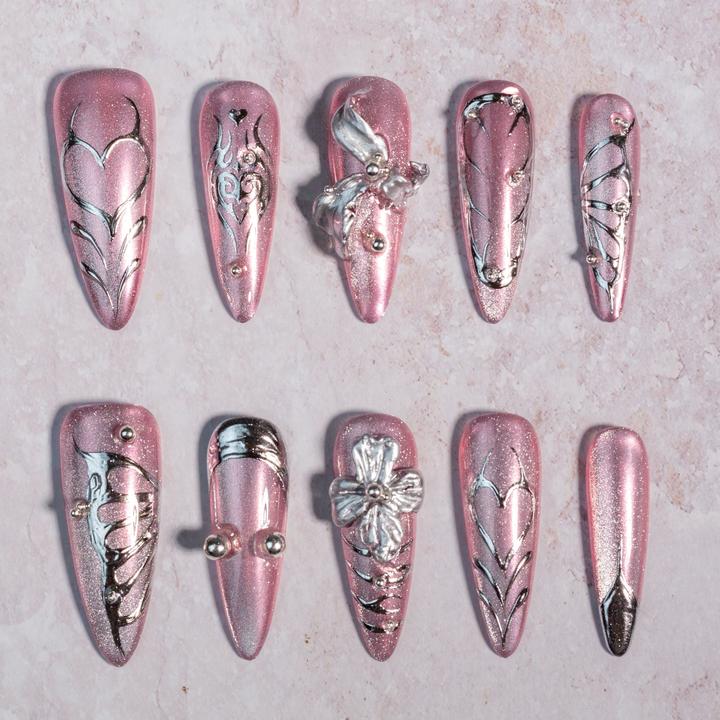 【蜜焰蝶舞】银粉立体浮雕甜酷心形火焰玫瑰高级感气质穿戴甲