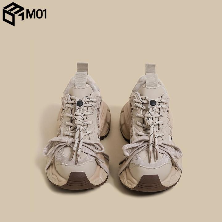 M01双鞋带老爹鞋女2025新款港风增高拼接重工加绒厚底运动鞋子