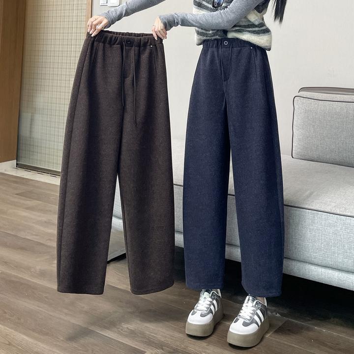 窄版阔腿气球裤女弯刀哈伦裤子八分小个子毛呢秋冬加绒加厚奶奶裤
