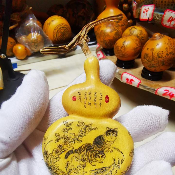 雅青阁葫芦手工针刺微雕墨刻夹板葫芦碟猫图5只猫文玩把玩葫芦