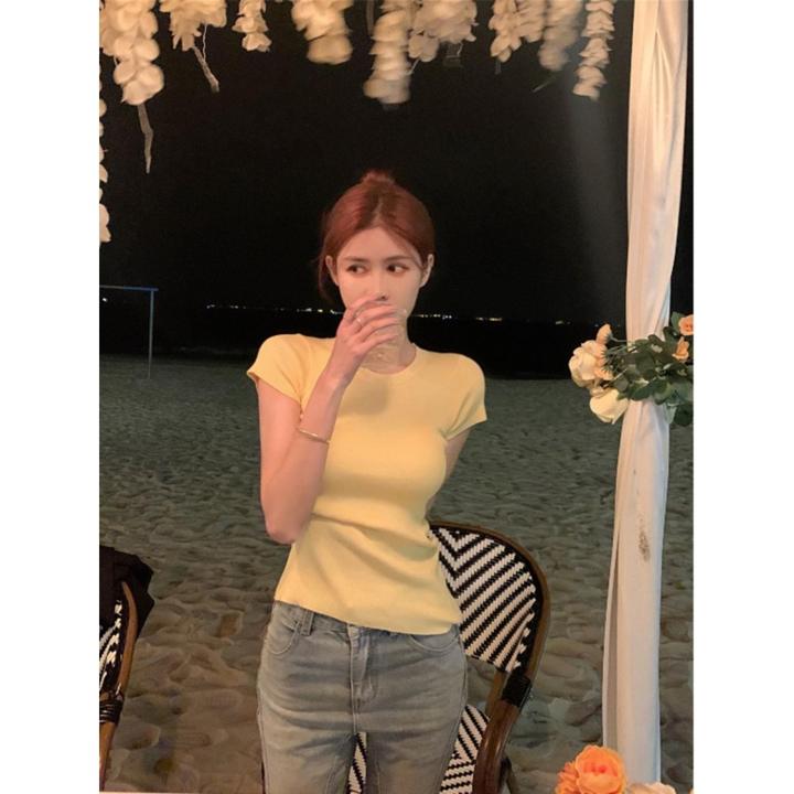 #法式别致绝美针织衫女夏季短袖温柔风毛衣修身打底内搭上衣