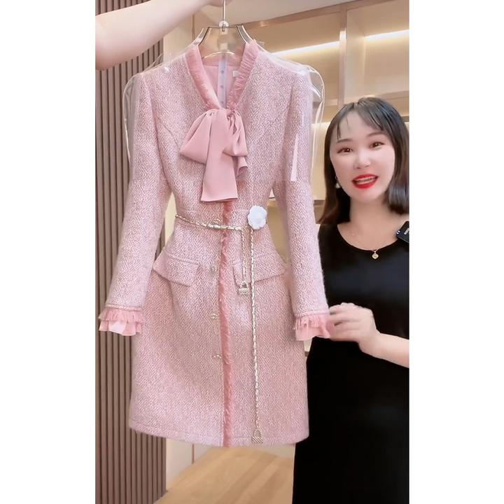 正式场合气质裙子轻奢高级感洋气高贵小个子法式粉色长袖连衣裙秋