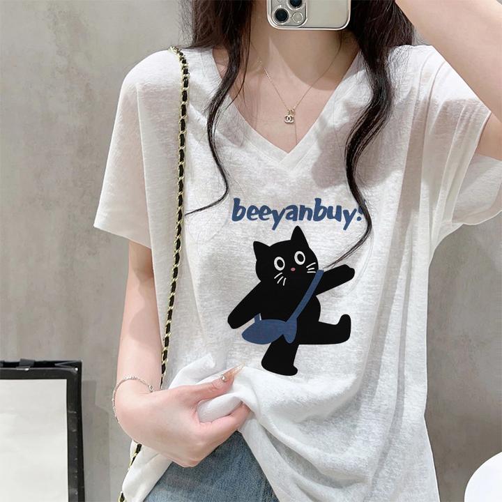 上衣女2025新款爆款雪花棉V领露锁骨t恤短袖时尚休闲百搭夏季外穿