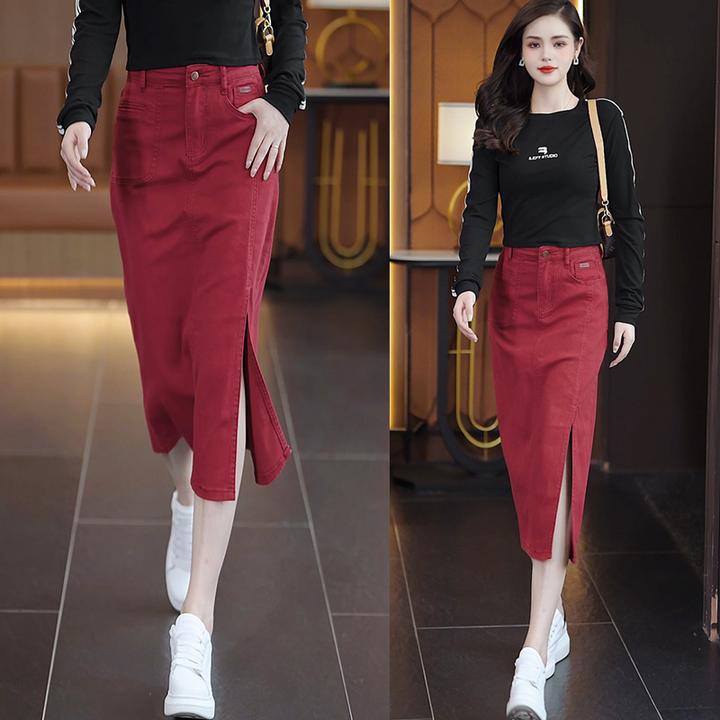 高腰大码半身裙2025年春秋季设计感不对称口袋安可拉红开叉牛仔裙