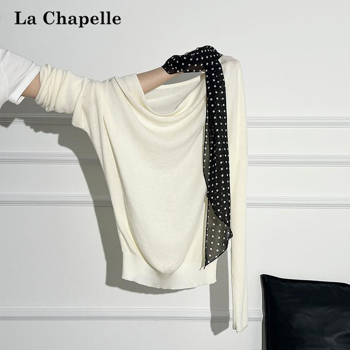 拉夏贝尔温柔风荡领波点丝巾拼接针织长袖T恤女秋季收腰绝美上衣