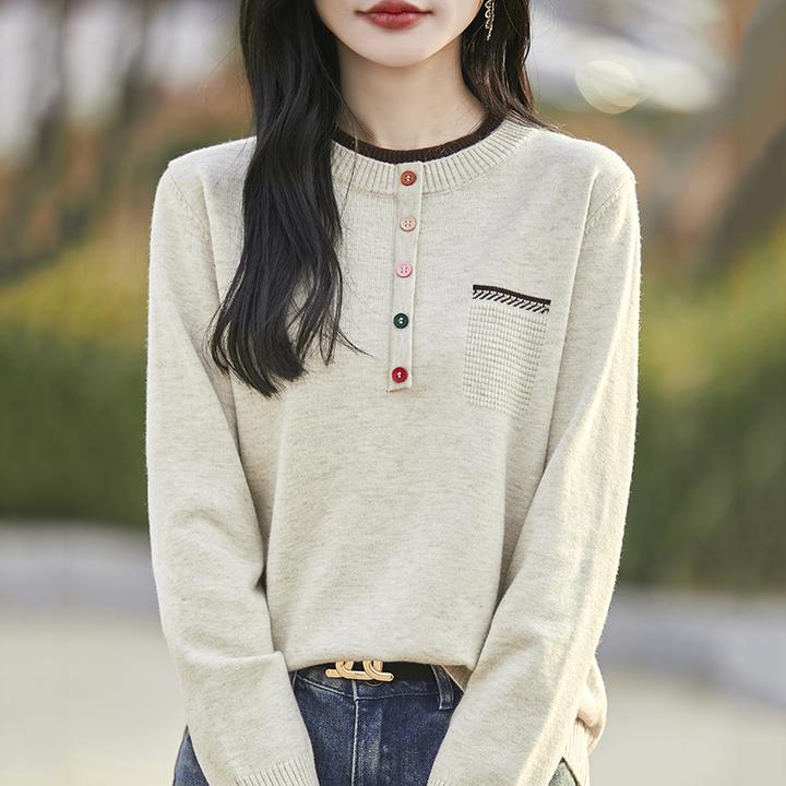 圆领彩扣毛衣百搭洋气春秋打底衫休闲好看女装上衣气质显瘦针织衫