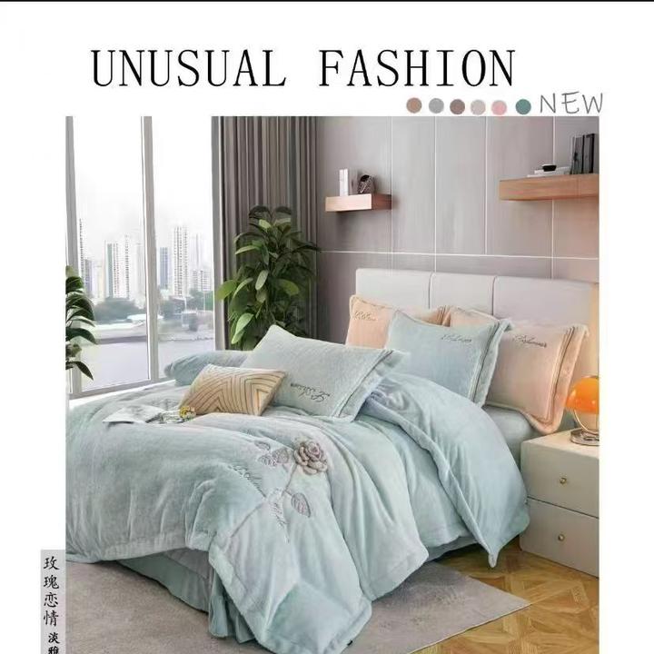 绒王【玫瑰恋情】水貂绒刺绣四件套加绒加厚抗静电牛奶绒兔兔绒床裙