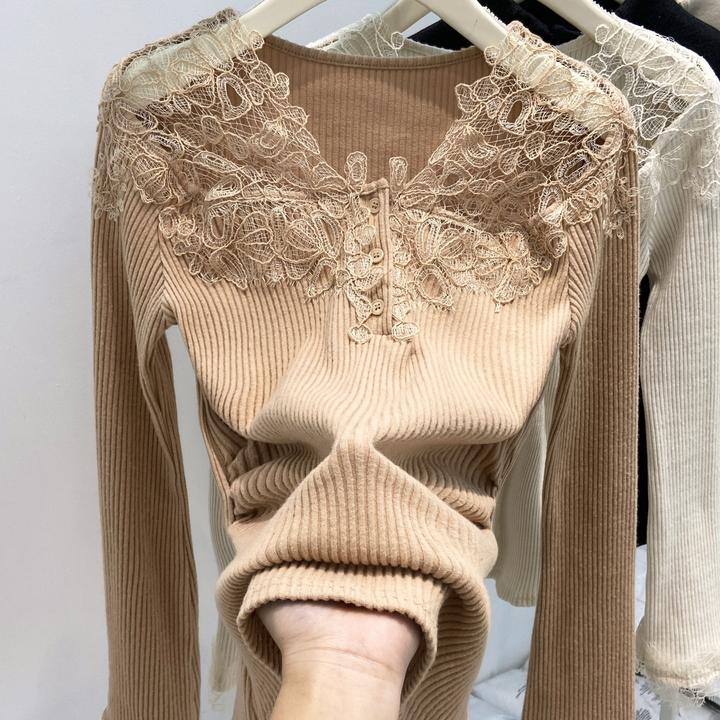 La Chapelle/拉夏贝尔秋冬款打底衫t恤上衣蕾丝长袖秋冬新款法式