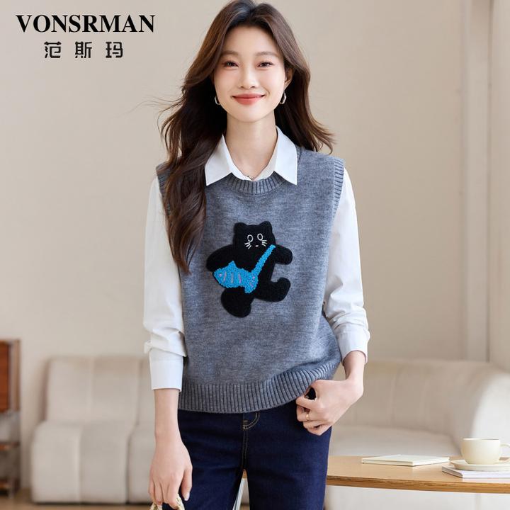 卡通针织马甲女2025新款秋冬圆领无袖背心坎肩洋气叠穿上衣时尚款