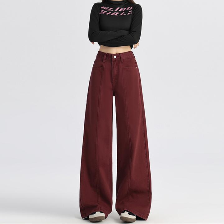 拉夏贝尔安可拉红阔腿牛仔裤女秋季美式高腰显瘦梨形身材直筒裤子