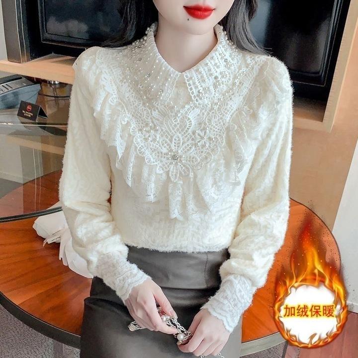 新款秋冬加绒宽松短款钉珠气质上衣聚酯纤维法式荷叶边长袖
