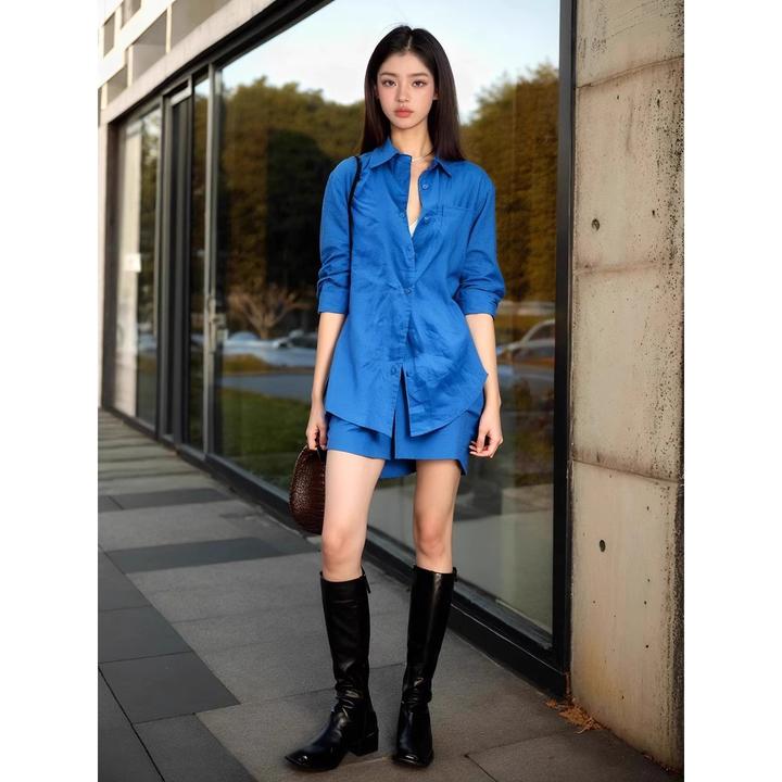 气质棉麻套装女夏季宽松透气减龄时髦气蓝色晒亚麻衬衫短裤两件套