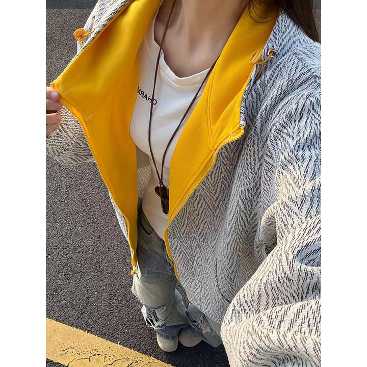 美式复古撞色连帽卫衣男款秋季小众设计感拼接外套潮牌情侣上衣