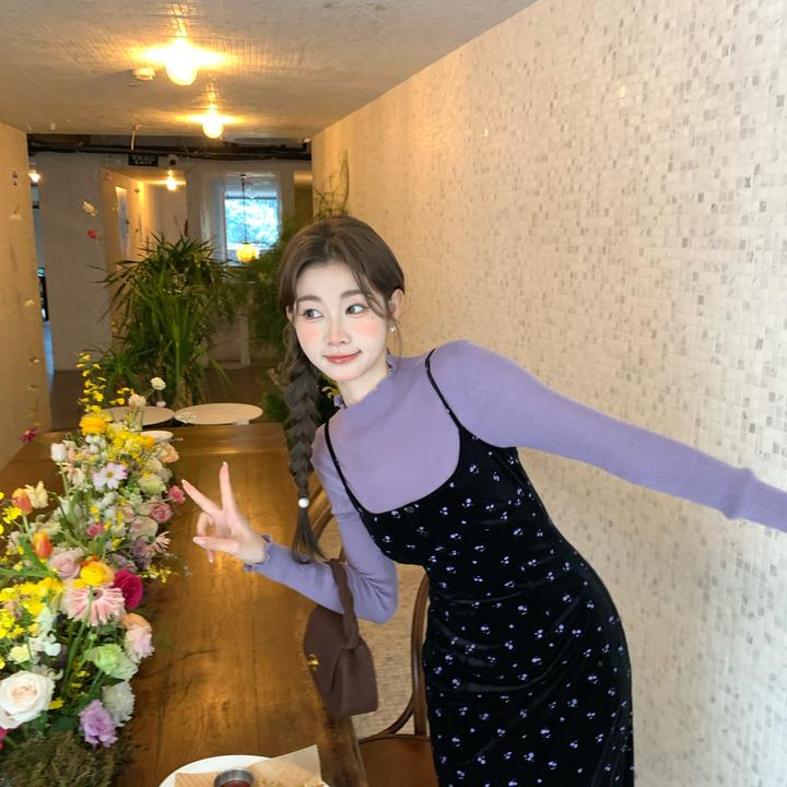 EIA一尧【恋综女友】韩系气质姐姐穿搭碎花连衣裙纯欲收腰显瘦长裙