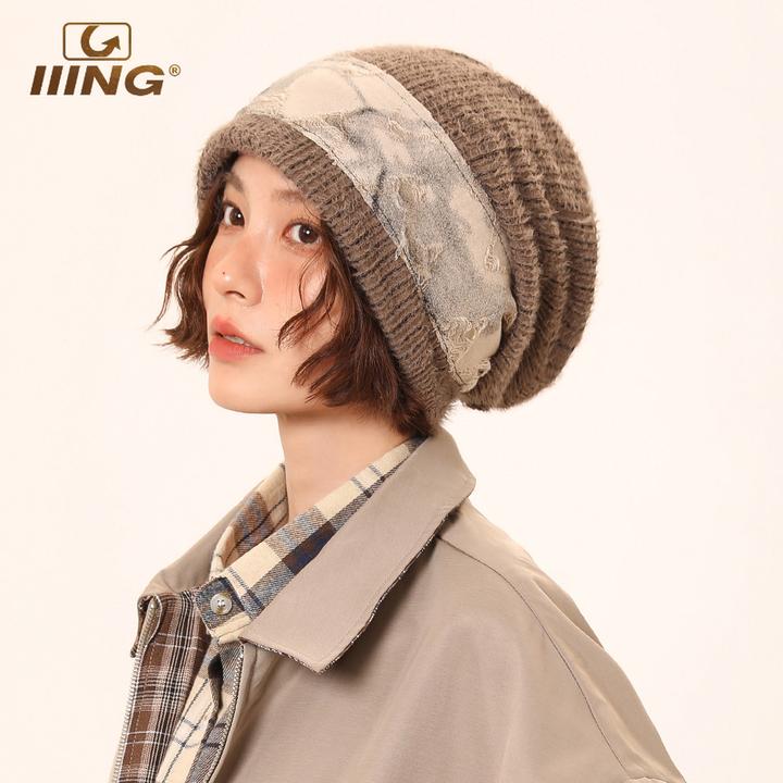 IIING帽控 废土风复古拼接毛绒堆堆帽女秋冬保暖宽松百搭包头帽子