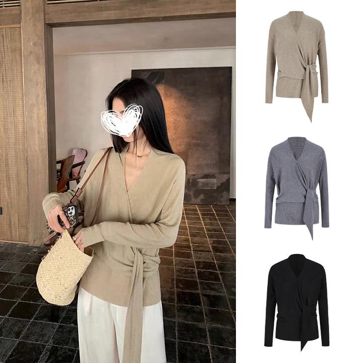 Moses Queen/魔西女王慵懒风早春v领设计交叉绑带收腰针织衫上衣