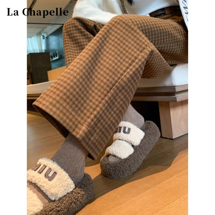 拉夏贝尔咖色格子西装直筒裤女秋冬2025新款高腰显瘦小个子阔腿裤