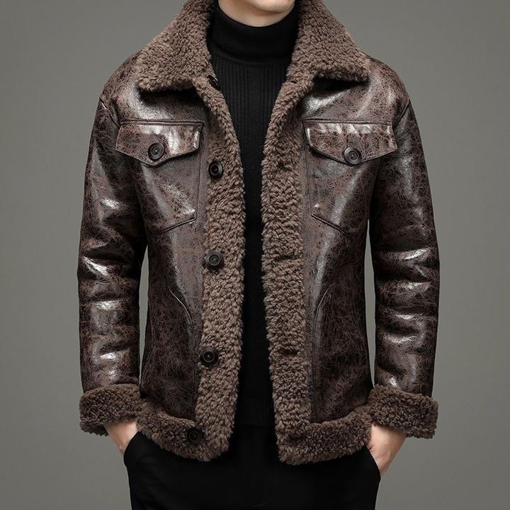 路茨梅帕秋冬季男士皮毛一体外套仿羊羔绒可两面穿翻领夹克修身潮