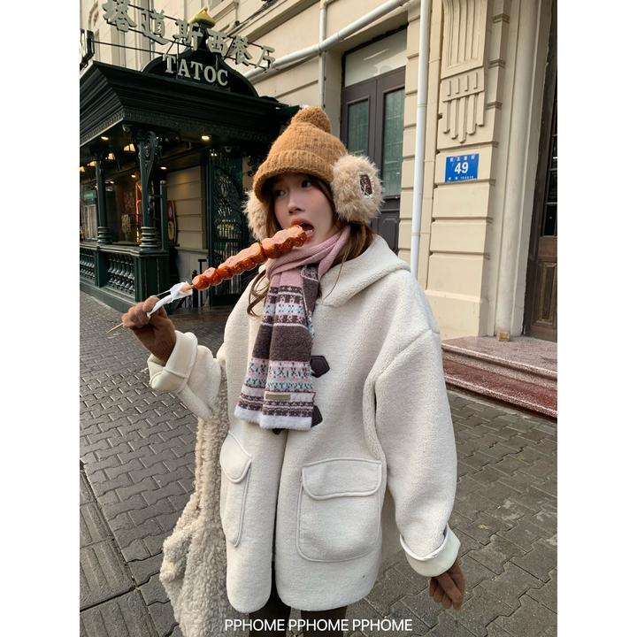 奶酪羊羔 可爱软糯牛角扣加厚内里麂皮外套保暖厚棉衣