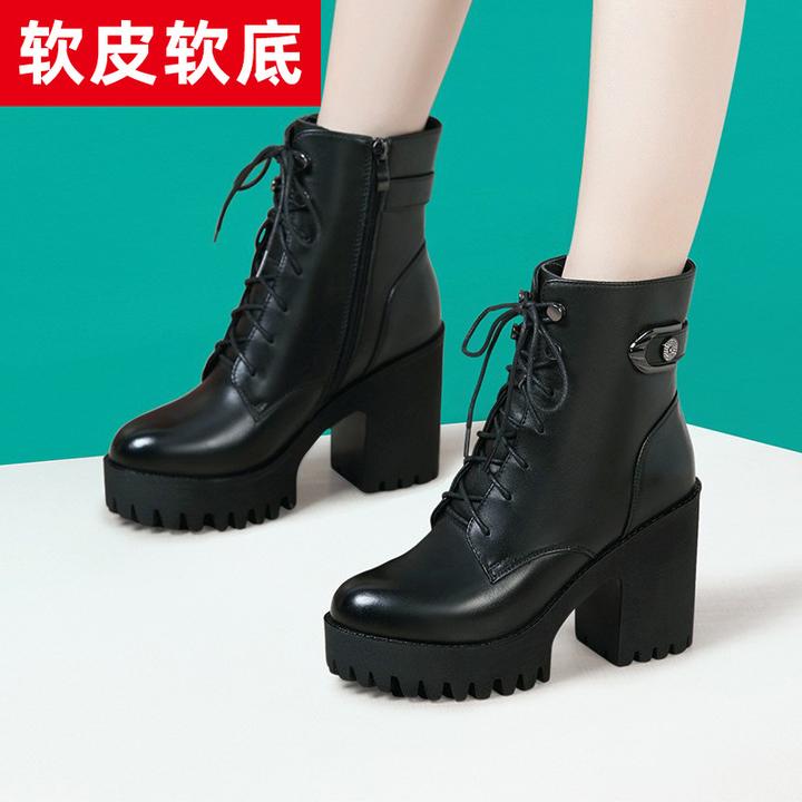 软皮高跟马丁靴女2025秋冬新款加绒系带中筒靴防水台厚底粗跟短靴