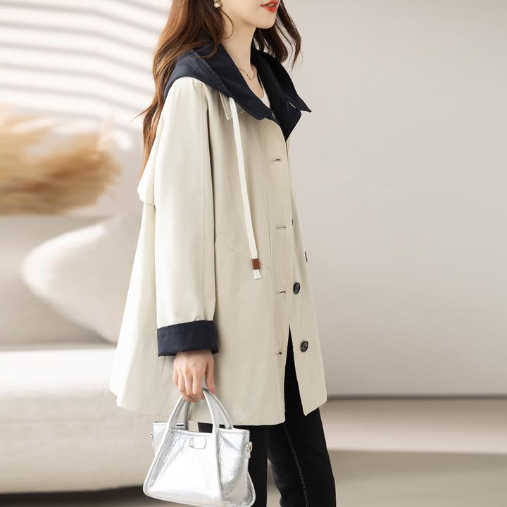 撞色连帽风衣外套女2025春秋季新款女装气质休闲百搭宽松洋气上衣